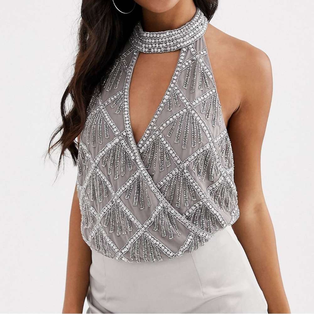 ASOS Silver Embellished Halter Bodysuit